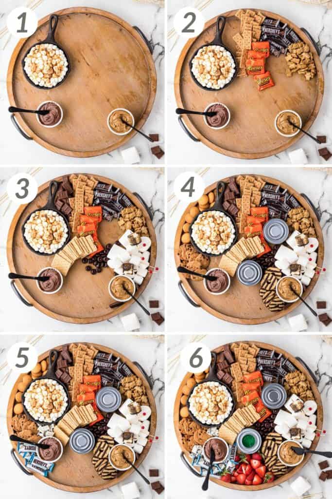 Collage showing how to make a s'mores board.