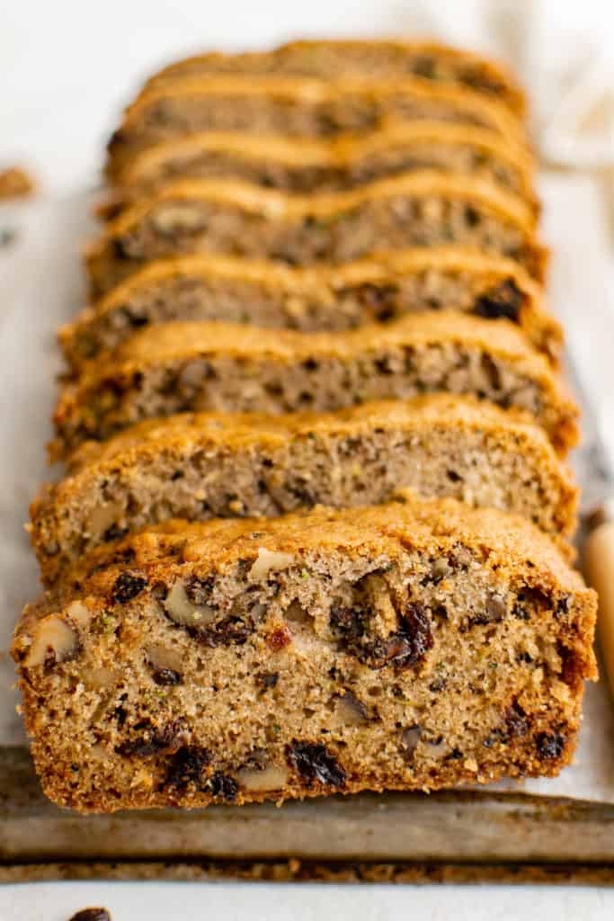 Sliced loaf of zucchini bread.