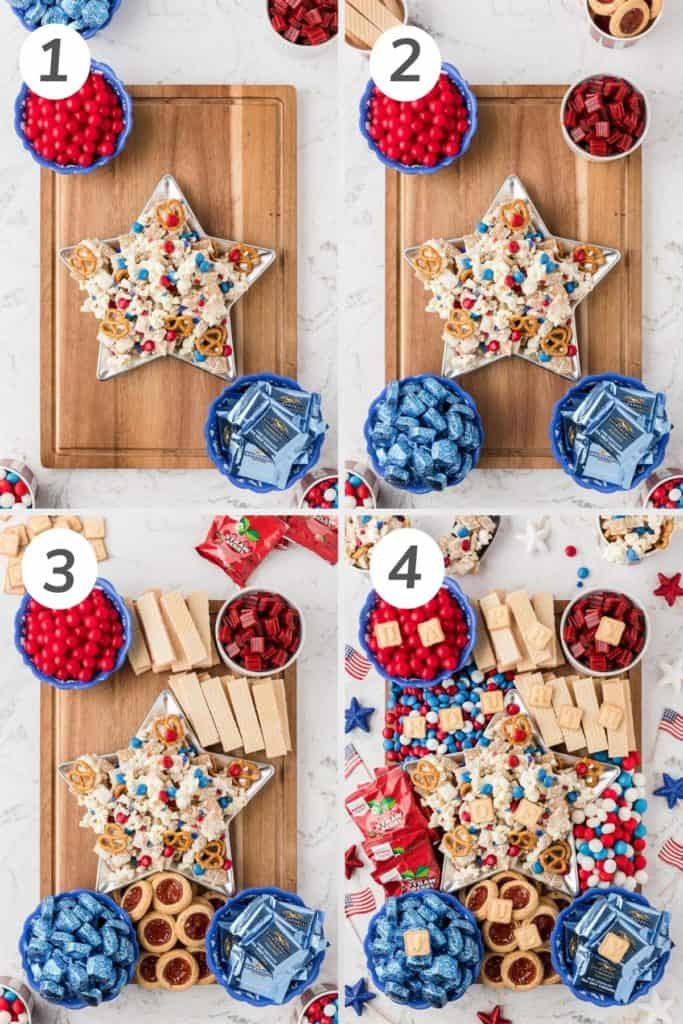 Collage showing how to make a 4th of july snack board.