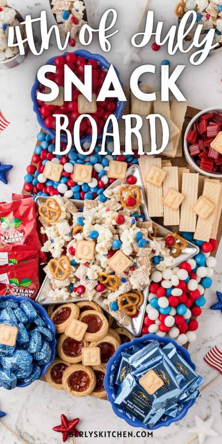 Close up view of a 4th of july snack board.