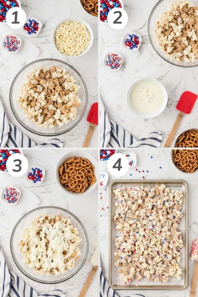 Collage showing how to make 4th of July Snack Mix.