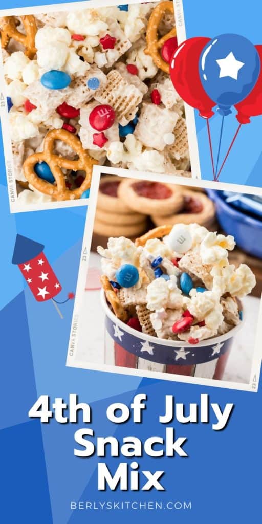 Collage showing 2 photos of 4th of July snack mix.