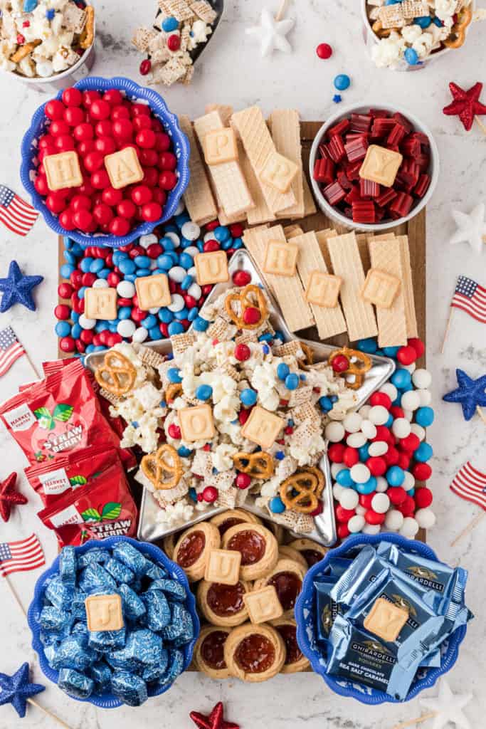4th of July snack board with decorations.