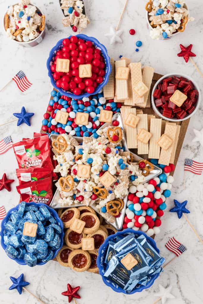 Top down view of patriotic snack mix board.