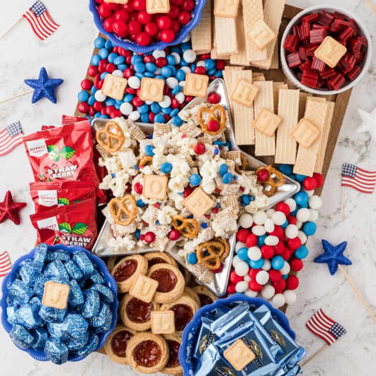 Top down view of 4th of July Snack board.