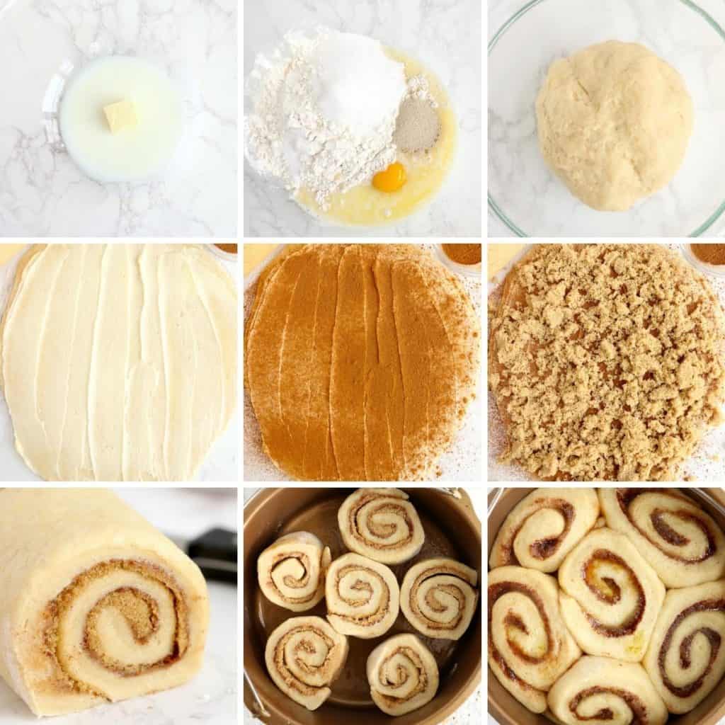 Collage showing how to make air fryer cinnamon rolls.
