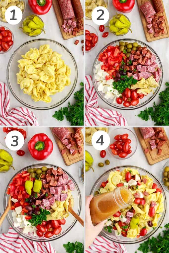 Collage showing how to make antipasto pasta salad.