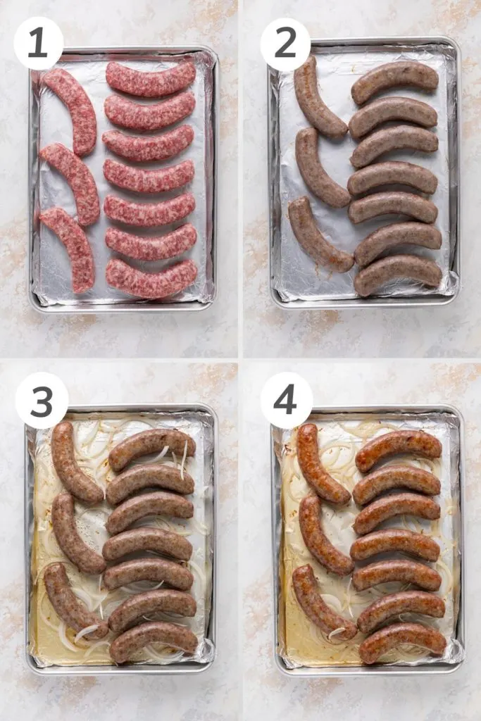 Collage showing how to make baked brats.
