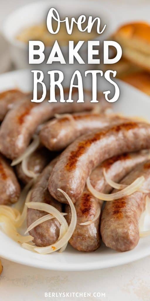 Plate of oven baked brats with onions.