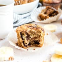 Banana nutella muffin with a bite taken out.