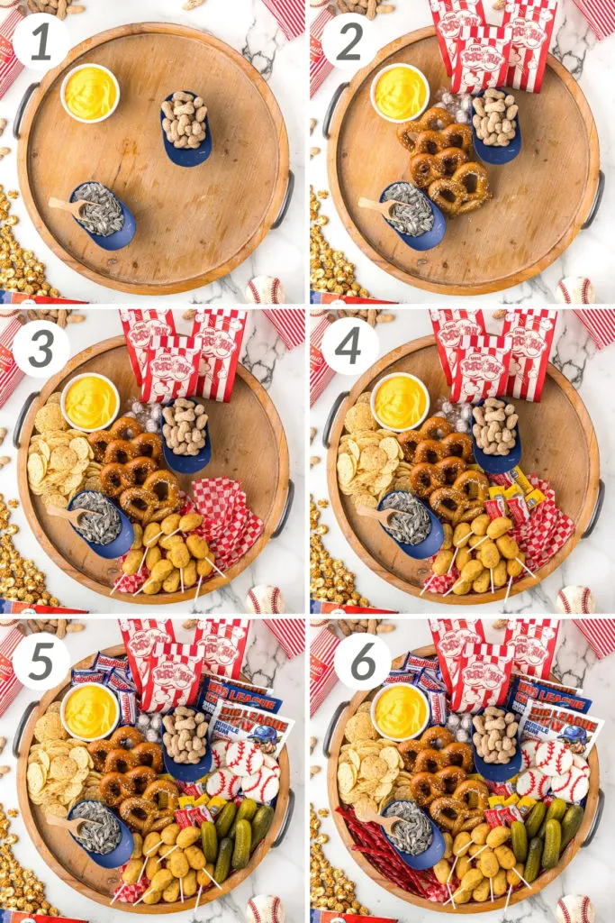 Collage showing how to make a baseball snack board.