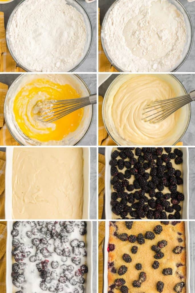 Collage showing how to make blackberry cobbler.