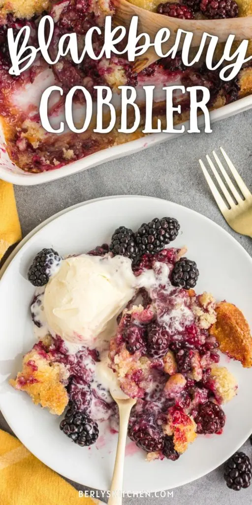 Top down view of blackberry cobbler on a white plate.