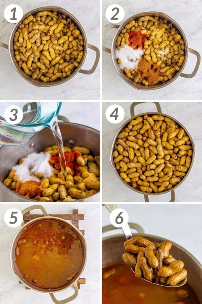 Collage showing how to make boiled peanuts.