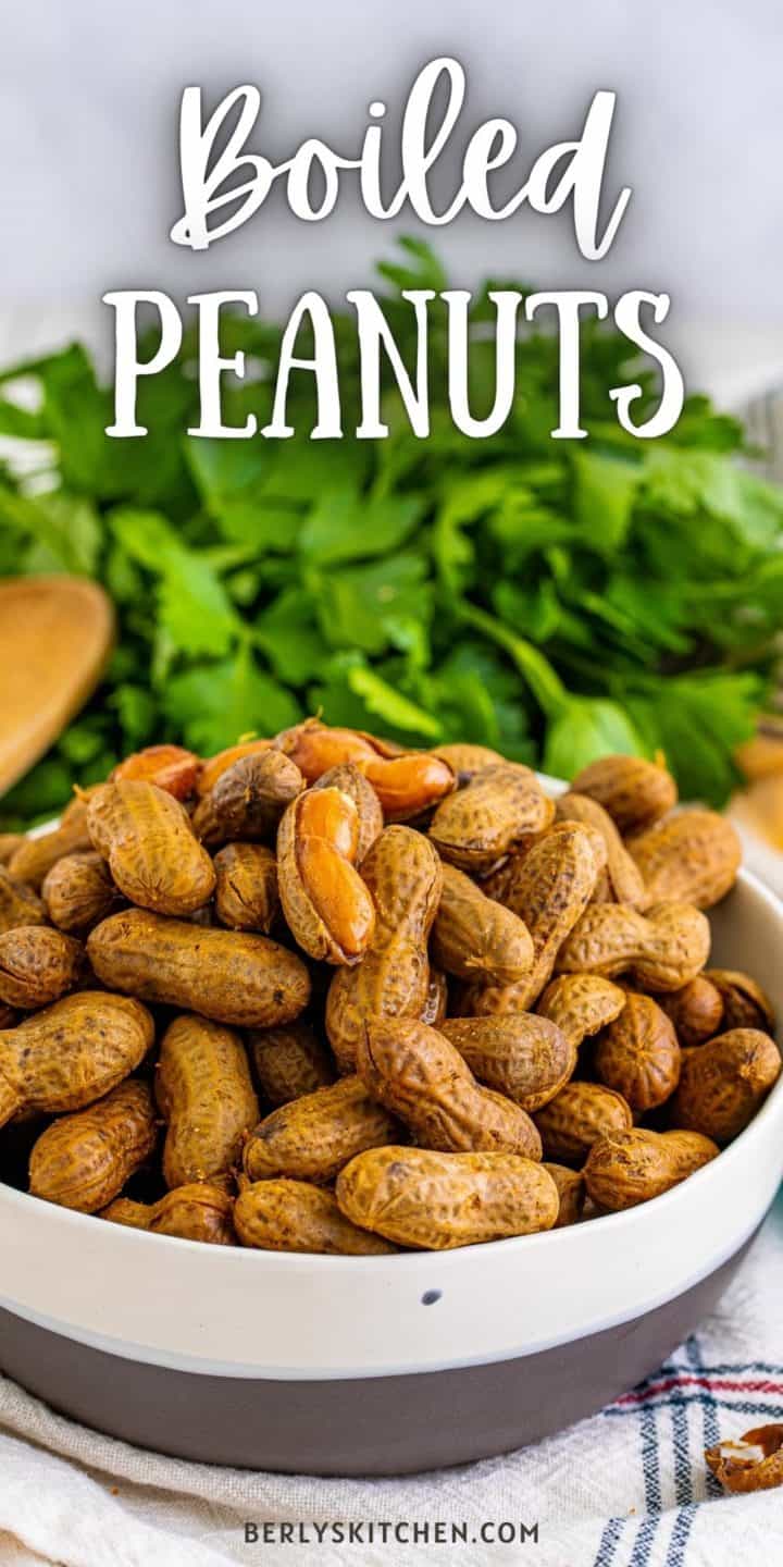 Close up view of a bowl of boiled peanuts.