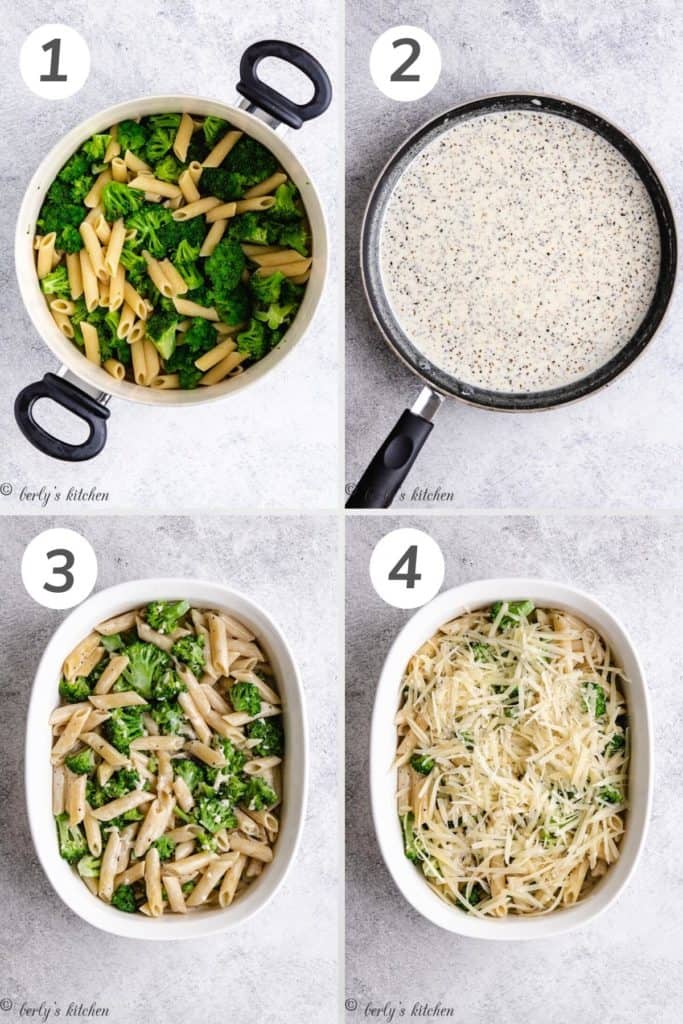 Collage showing how to make broccoli cheese pasta bake.