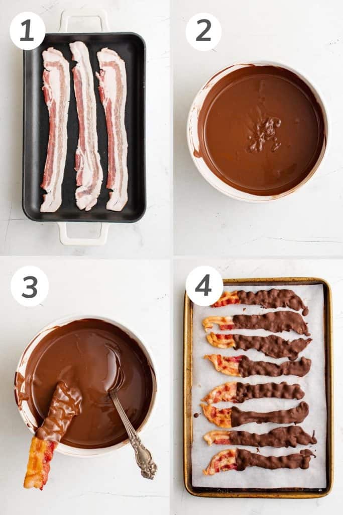 Collage showing how to make chocolate covered bacon.