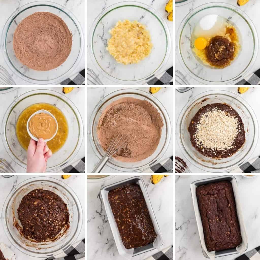 Collage showing how to make chocolate peanut butter banana bread.