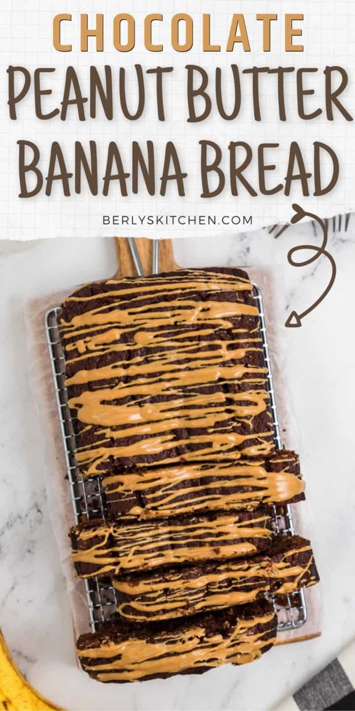 Peanut butter drizzled over chocolate banana bread.