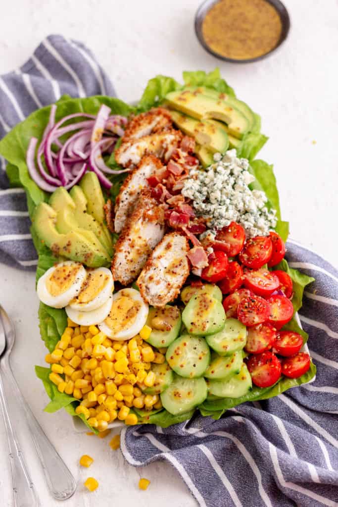 Top down view of a chicken cobb salad.