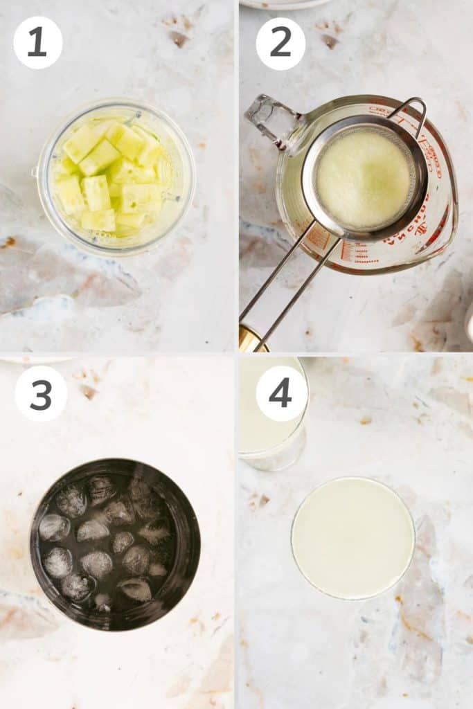Collage showing how to make cucumber margaritas.