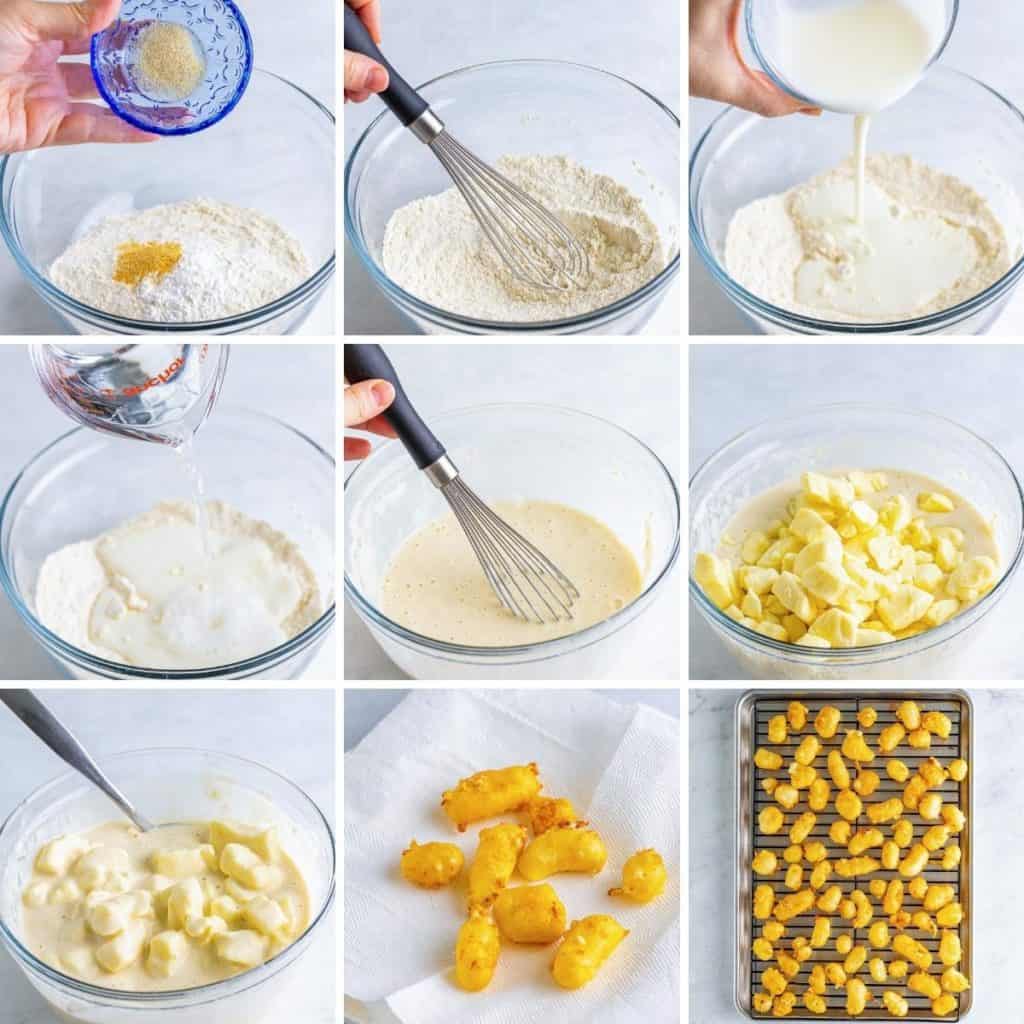 Collage showing how to make fried cheese curds.