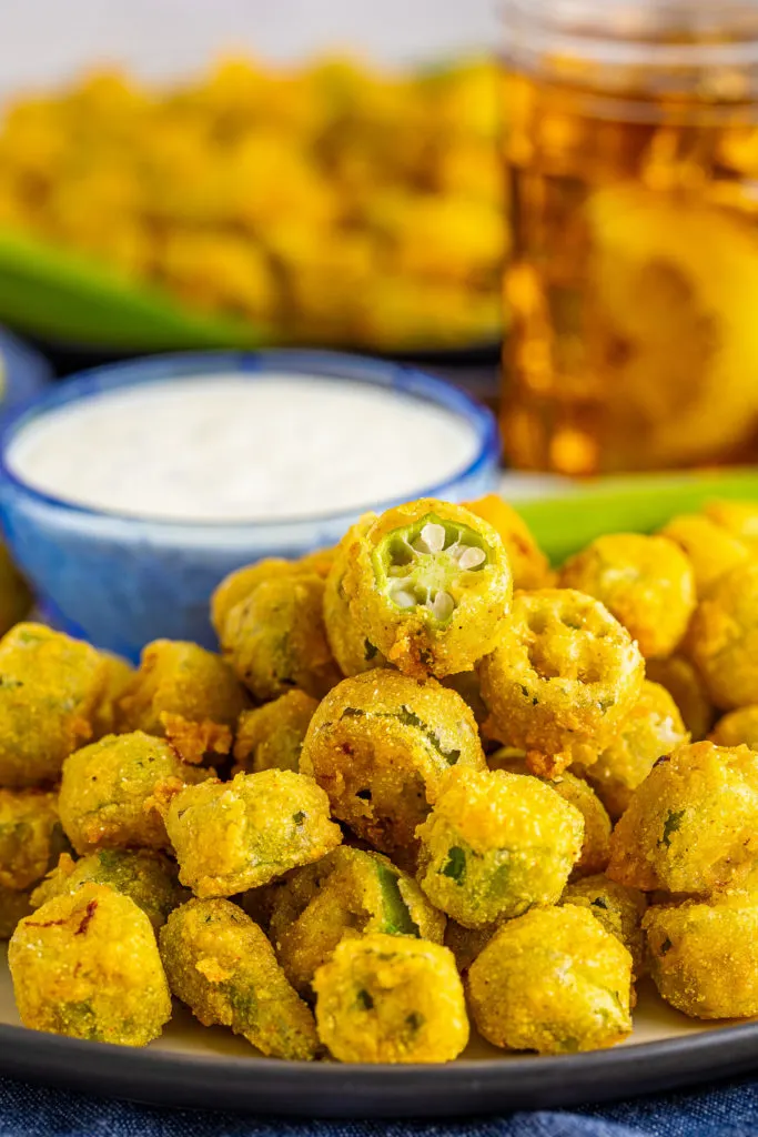 Side view of a plate of fried okra.