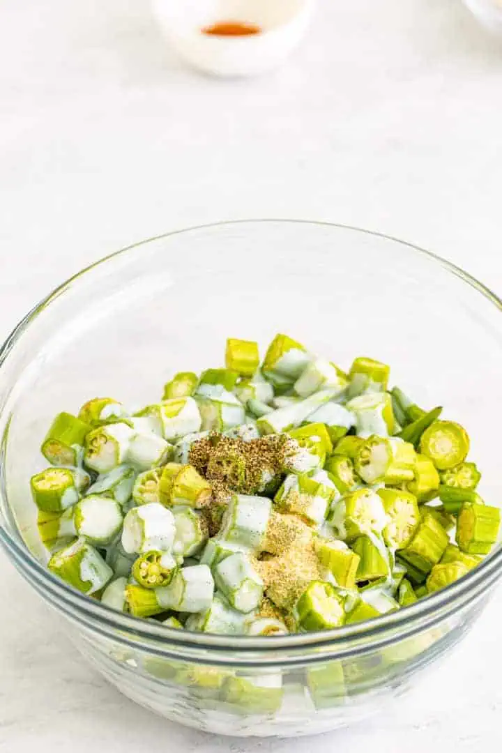 Spices and buttermilk on okra.