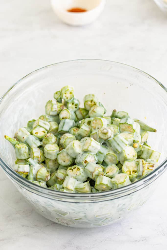 Okra tossed in buttermilk.