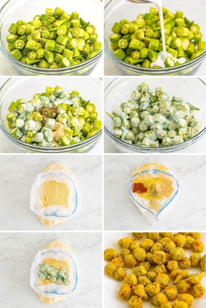 Collage showing how to make fried okra.