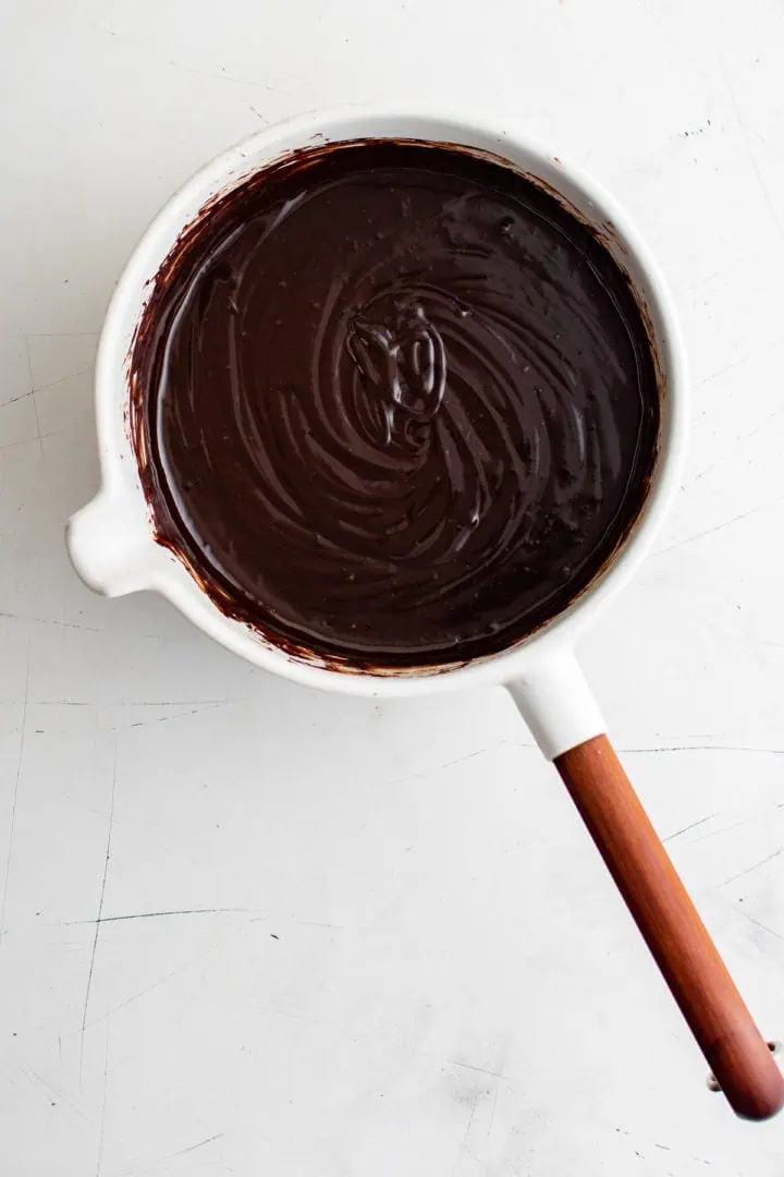 Hot fudge sauce in a pan.