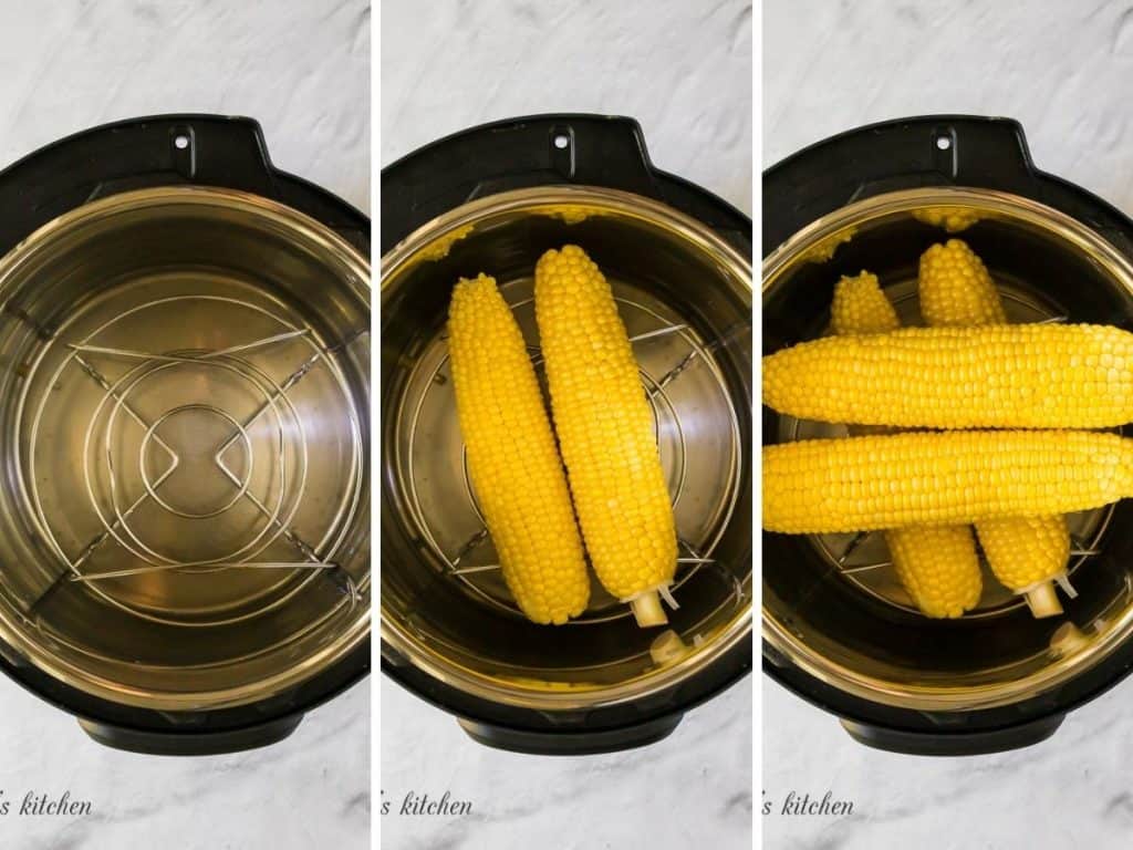 Collage showing how to make Instant Pot Corn on the Cob.