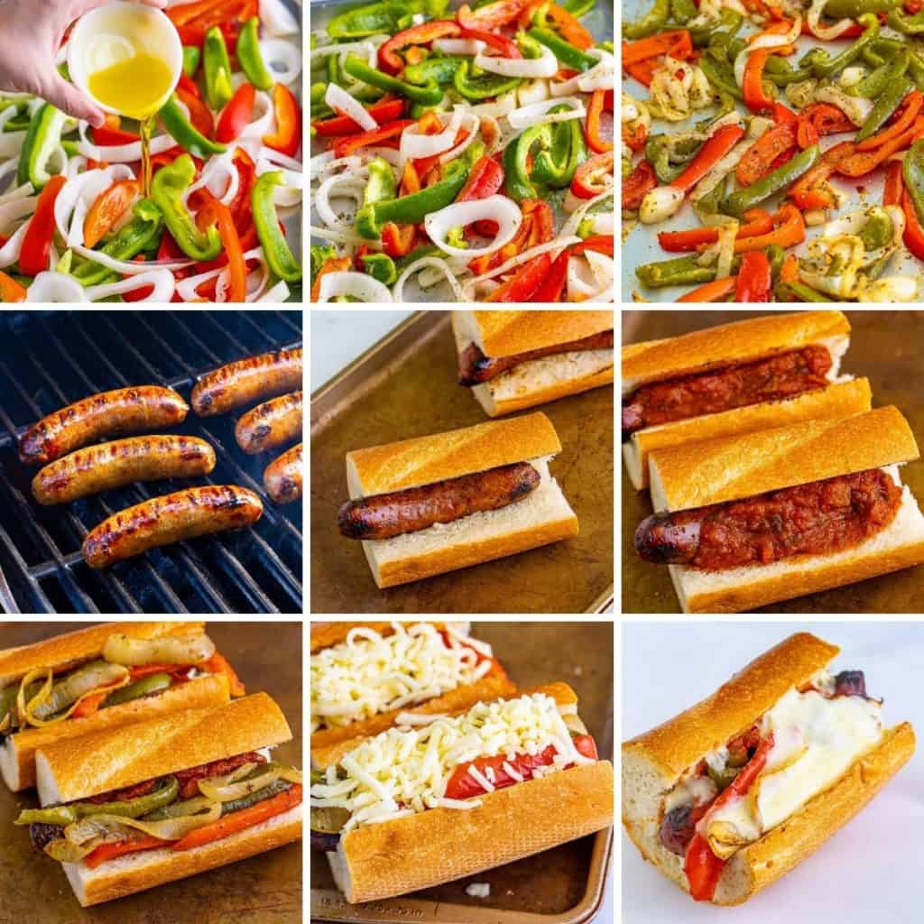 Collage showing how to make an italian sausage sandwich.