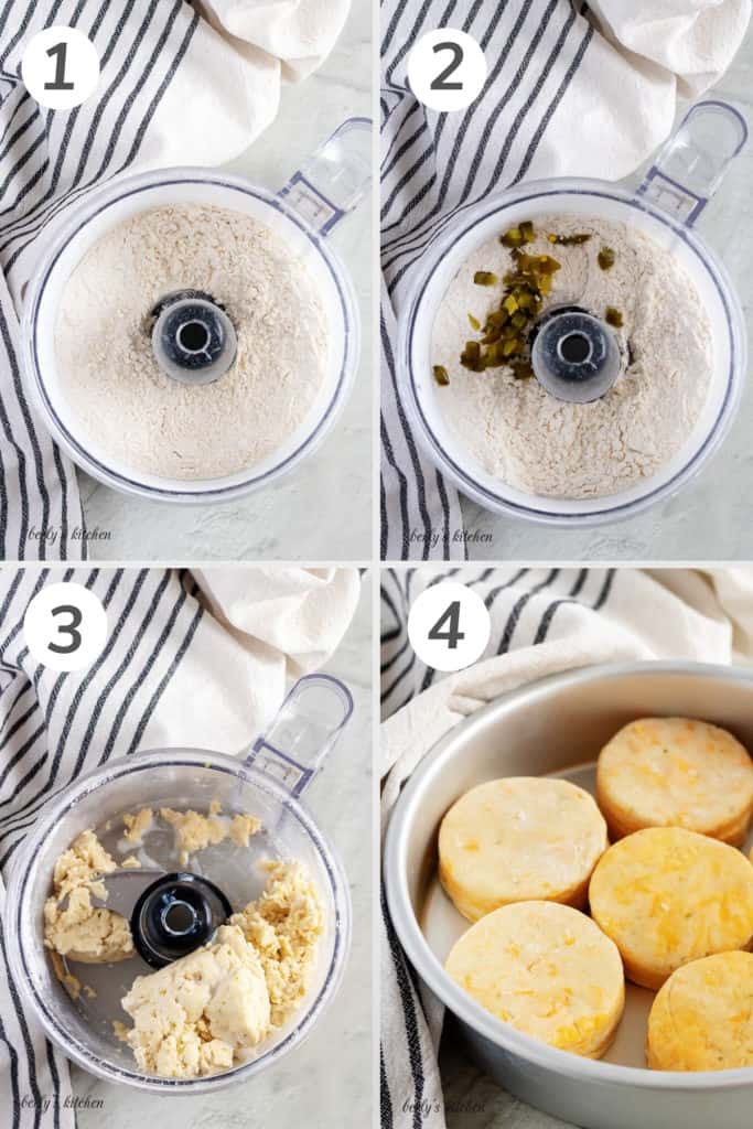 Collage showing how to make jalapeno cheddar biscuits.
