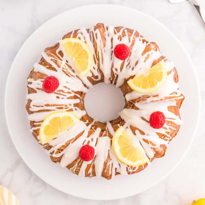 Top down view of a lemon raspberry bundt cake.