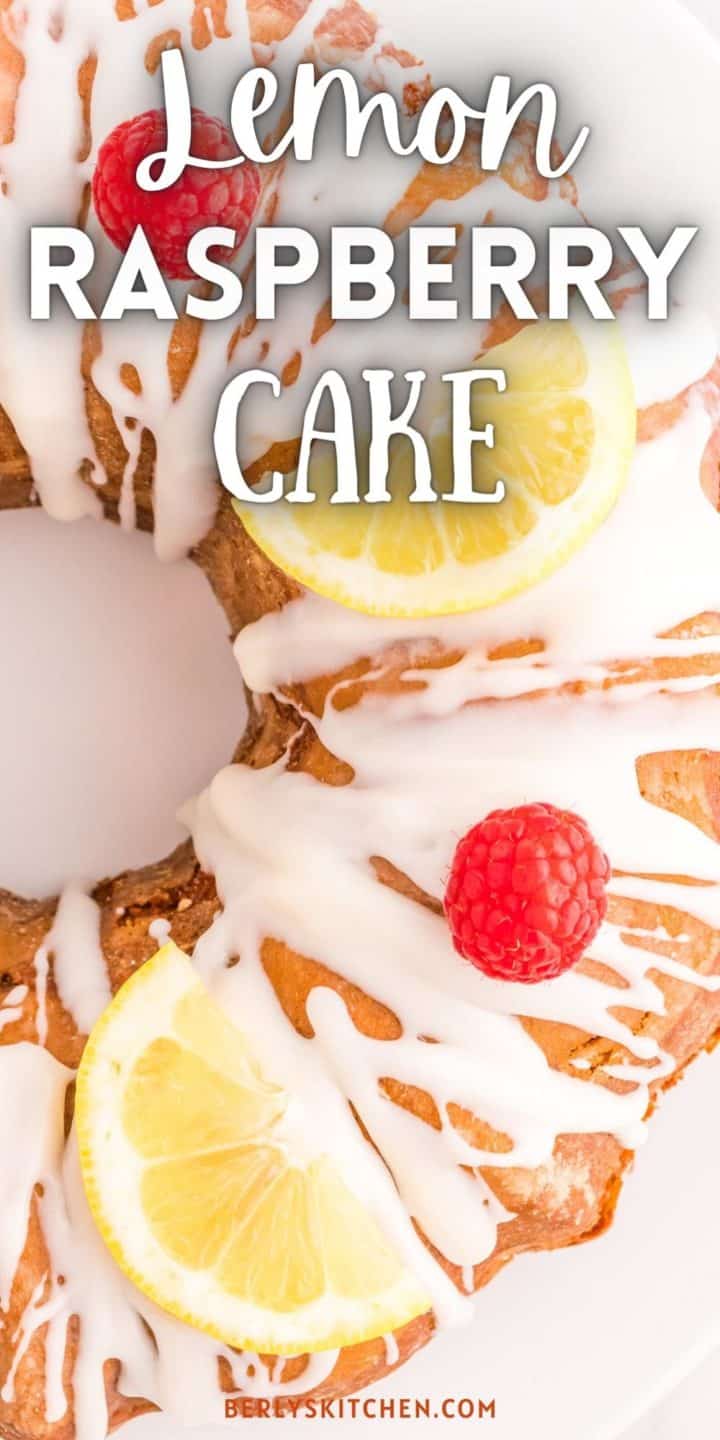 Close up view of a lemon raspberry bundt cake.