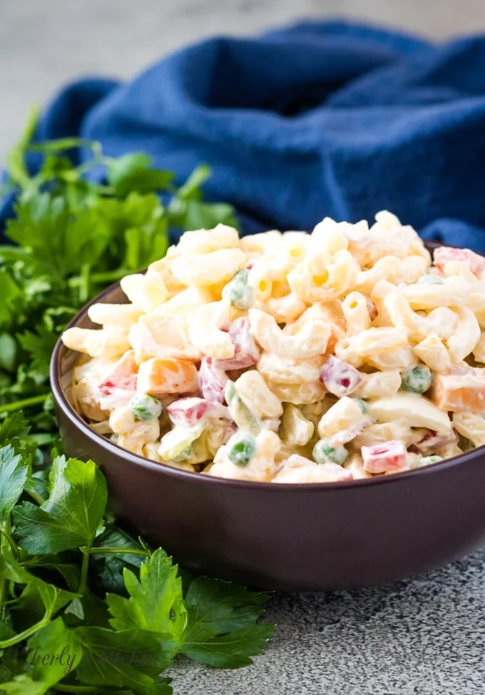 Macaroni salad in a serving bowl.