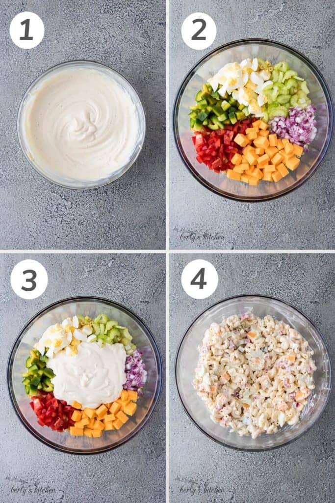 Collage showing how to make macaroni pasta salad.
