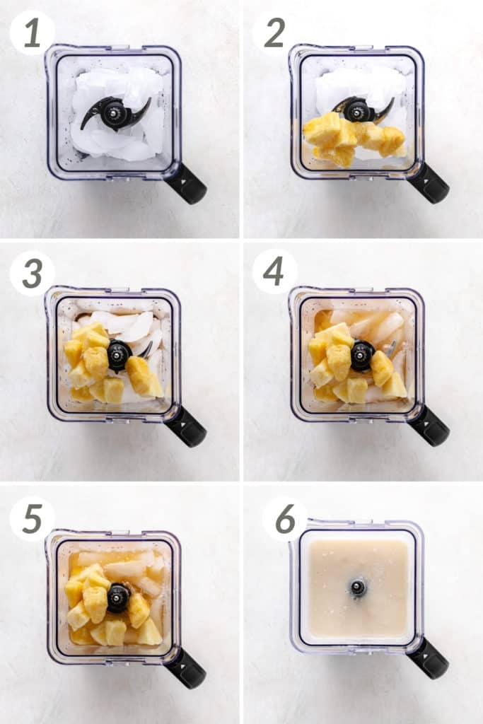 Collage showing how to make a piña colada.