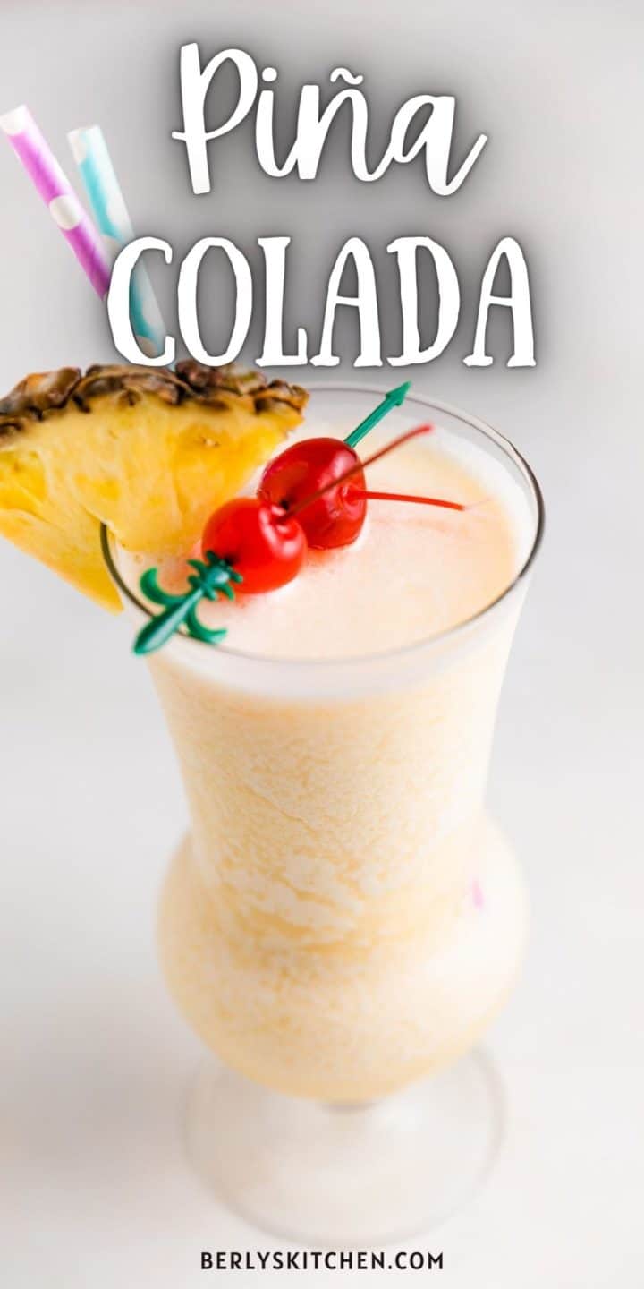 Piña colada in a hurricane glass.