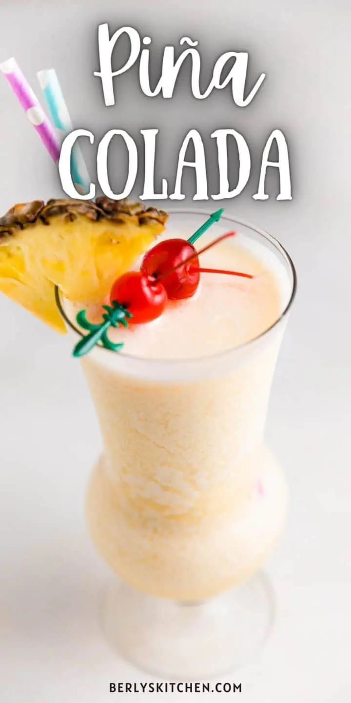 Piña colada in a hurricane glass.