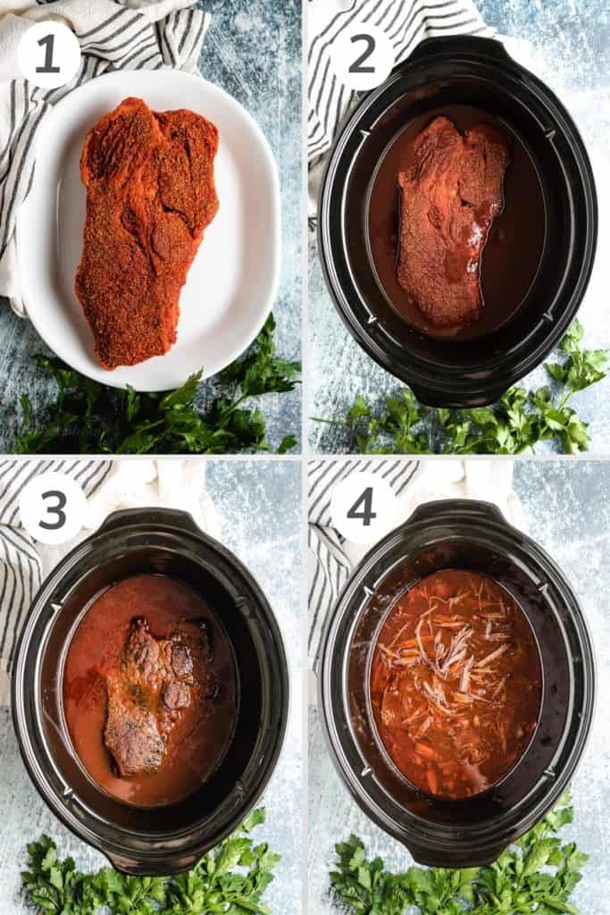 Collage showing how to make slow cooker bbq beef.