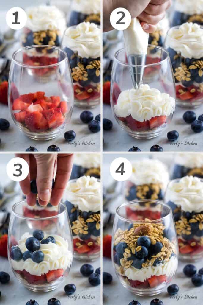 Collage showing how to make a strawberry blueberry granola parfait.