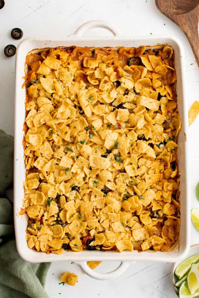 Baked casserole topped with corn chips.