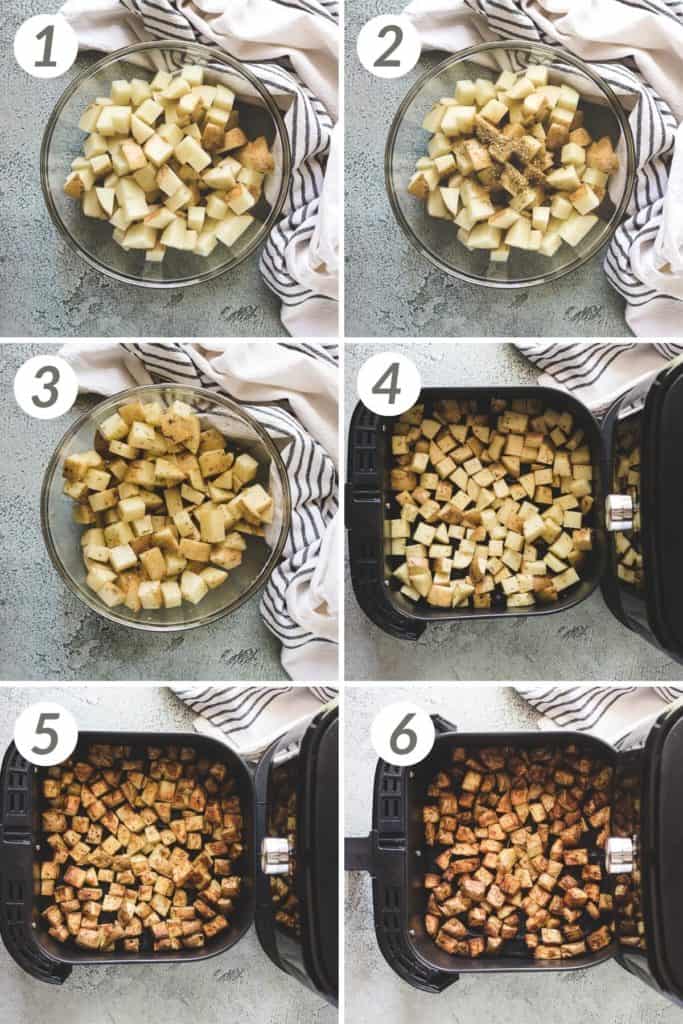 Collage showing how to make air fryer home fries.
