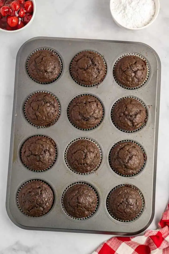 Baked chocolate cupcakes in a pan.