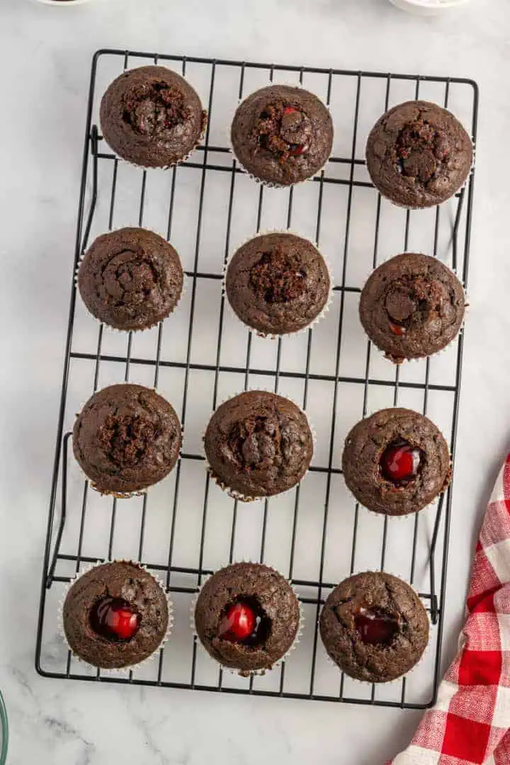 Cherry filling added to chocolate cupcakes.