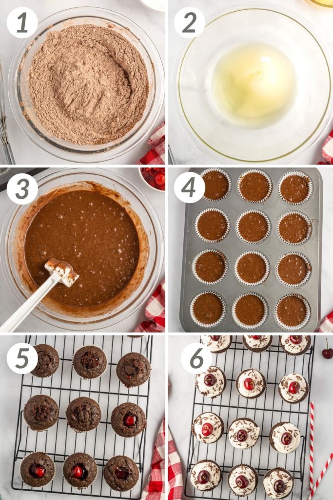 Collage showing how to make black forest cupcakes.