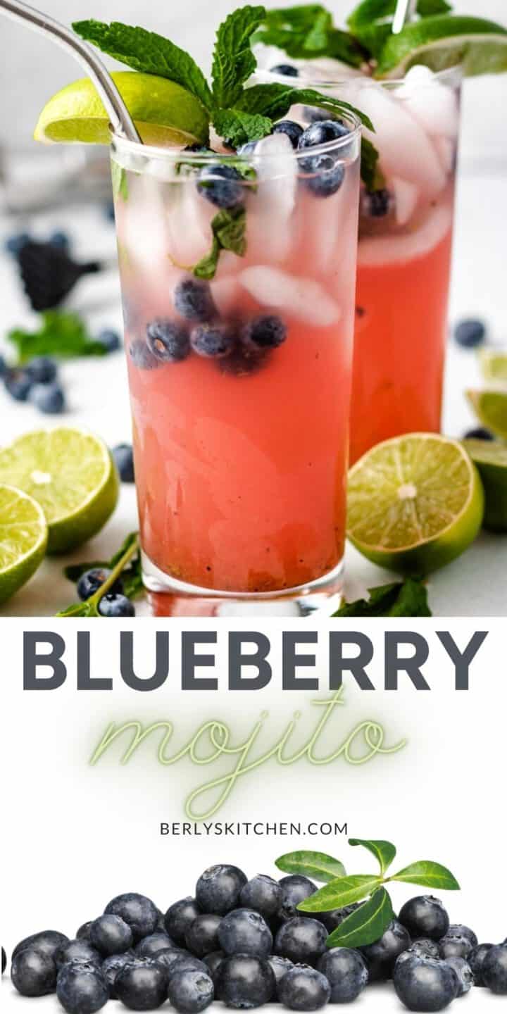 Close up view of a blueberry mojito in a tall glass.