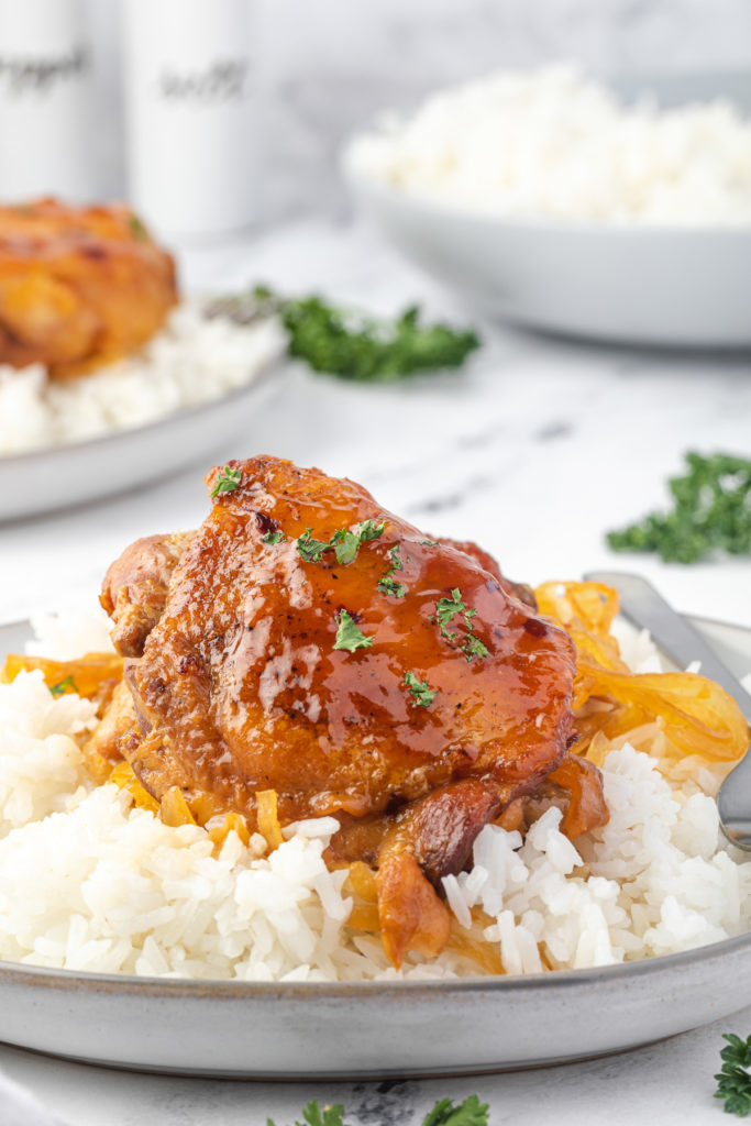Apricot chicken on rice.